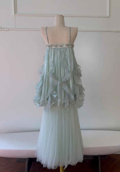 Stunning Green Two Piece A Line Beaded Tulle Chiffon Prom Dress Wedding Guest Dress DP4488