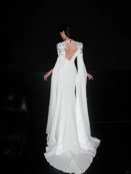 Elegant Mermaid Long Sleeve Beaded Satin Wedding Dress DP5304