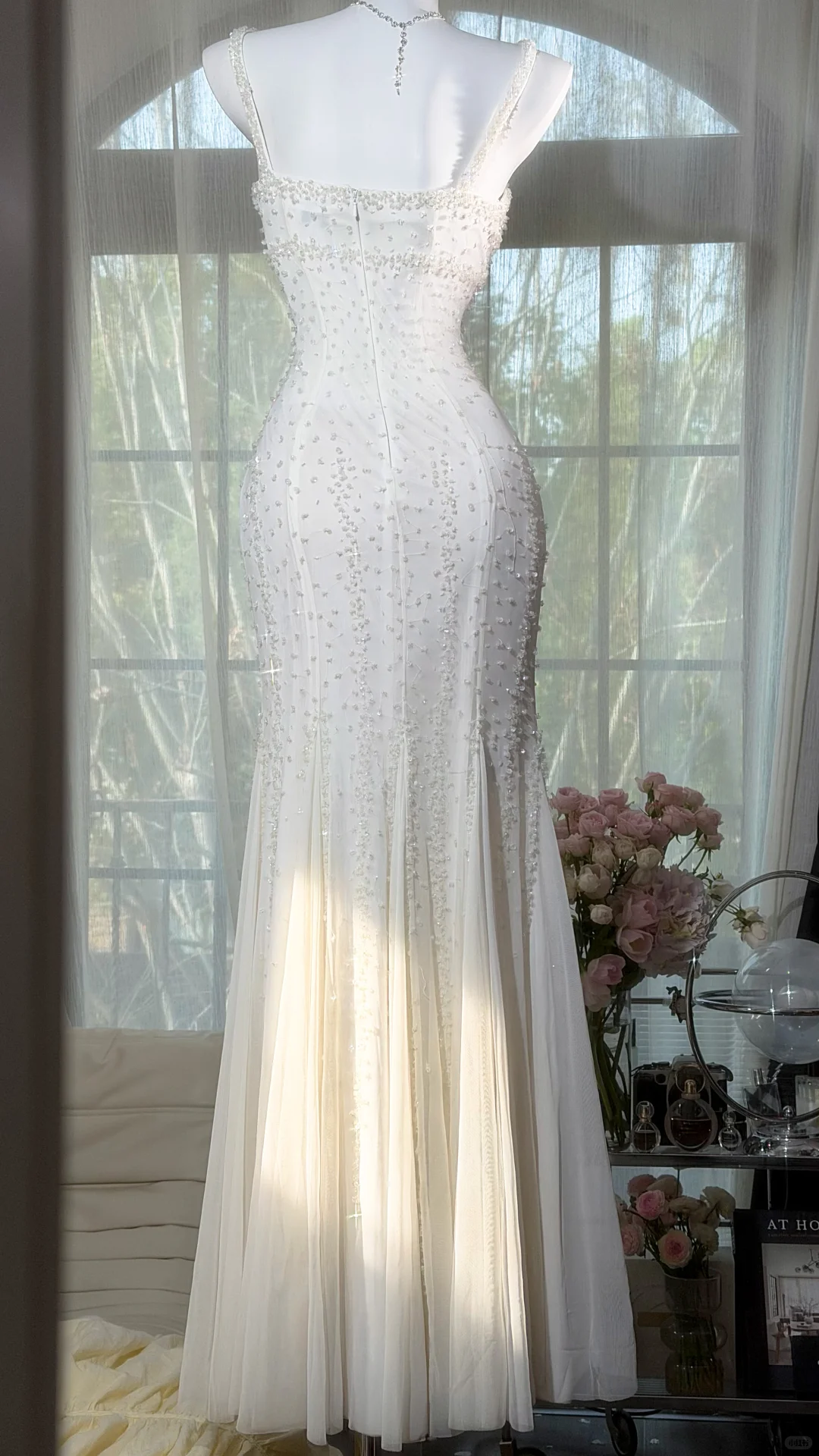 2000s Vintage White Mermaid Shiny Beaded Chiffon Long Prom Dress DP5151