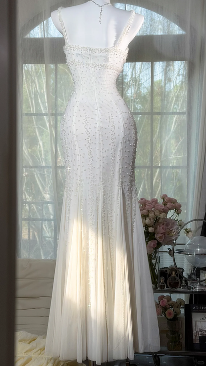 2000s Vintage White Mermaid Shiny Beaded Chiffon Long Prom Dress DP5151