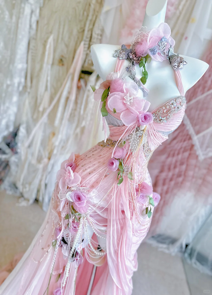 Gentle Pink Mermaid Exquisite Beaded Floral Tulle Lace Prom Dress Evening Dress Party Dress DP2972