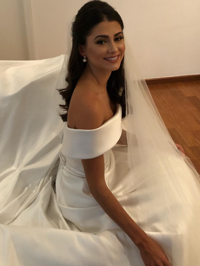 Classic A Line Off the Shoulder White Satin Long Wedding Dress DP4904