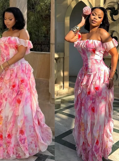 Pink Print Floral A Line Off The Shoulder Layered Chiffon Backless Prom Dress Outfits DP6319