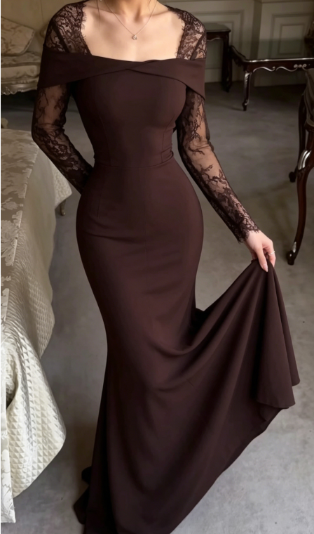 Elegant Brown Sheath Long Sleeve Lace Satin Prom Dress Date Dress DP5102