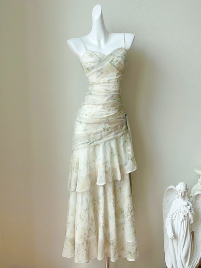 Green A Line Spaghetti Straps Ruffle Print Flower Chiffon Party Dress Cocktail Dress DP2707