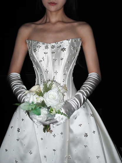 Stunning Ball Gown Strapless Shiny Beaded White Satin Long Train Wedding Dress DP8088
