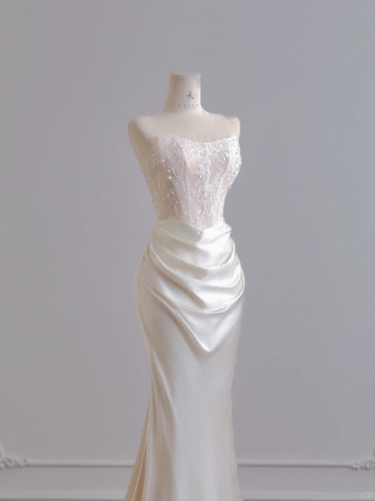 White Mermaid Strapless Lace Satin Long Prom Dresses Wedding Dresses DP4187