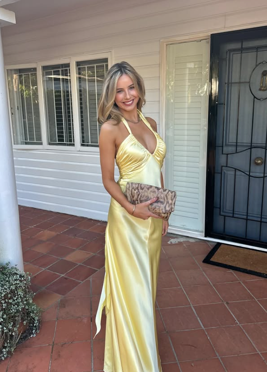Sexy Yellow Sheath Strap Satin Open Back Prom Dress Evening Dress DP5503
