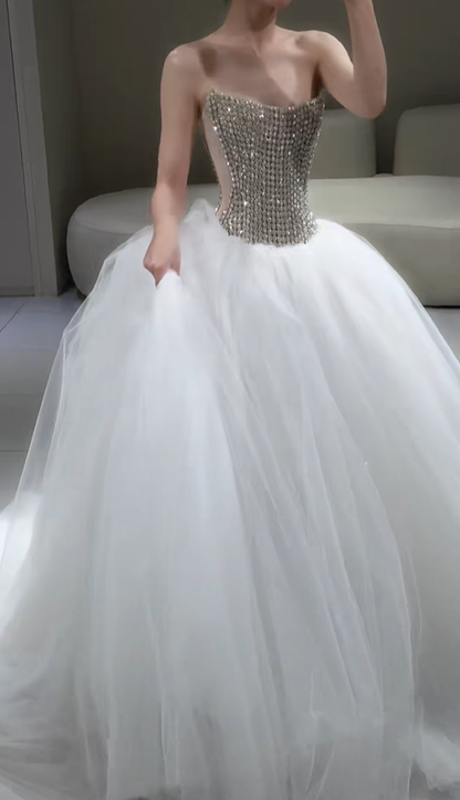 Shiny A Line Strapless Rhinestone White Tulle Long Wedding Dress DP4808