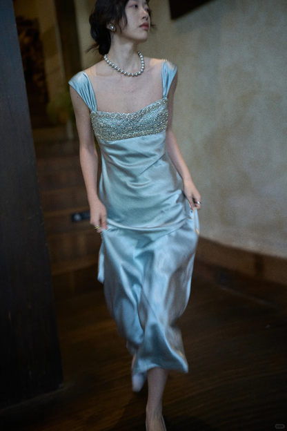 Elegant Blue A Line Straps Beaded Satin Long Prom Dress Date Dress DP4517