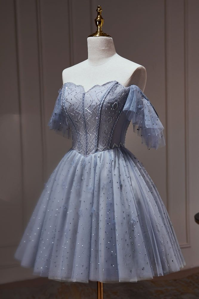 Blue Off The Shoulder Tulle Short Homecoming Dress DP624