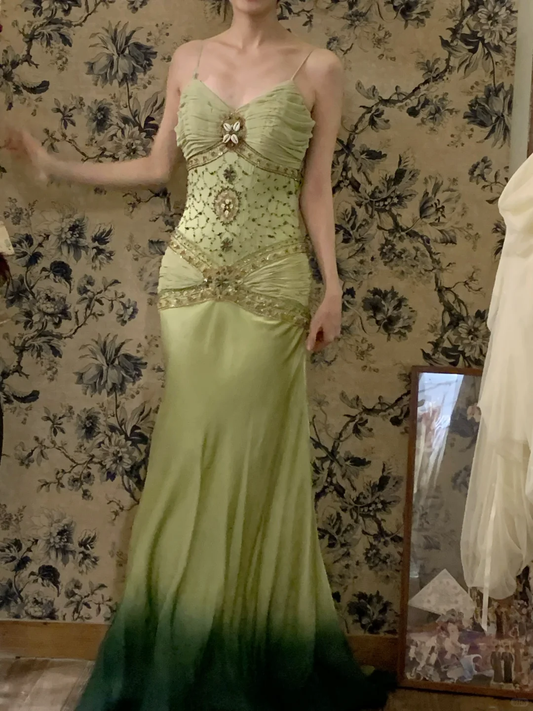 Vintage Green Ombre Mermaid Spaghetti Straps Beaded Satin Prom Dress 18th Birthday Dress DP3926