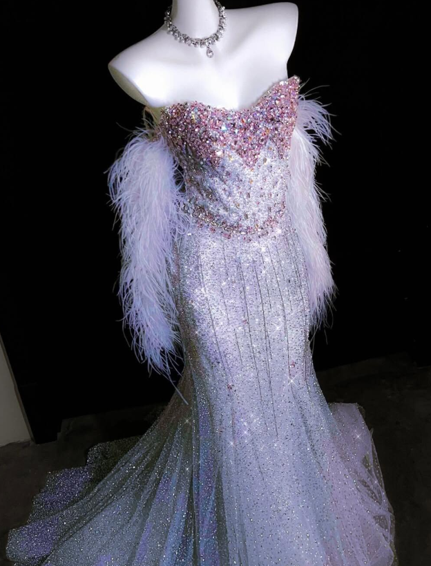 Dreamy Lilac Mermaid Strapless Beaded Feather Tulle Prom Dress Evening Dress DP6619