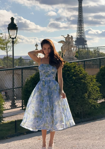 Blue Print Floral A Line Spaghetti Strap Chiffon Prom Dress Evening Dress DP6030