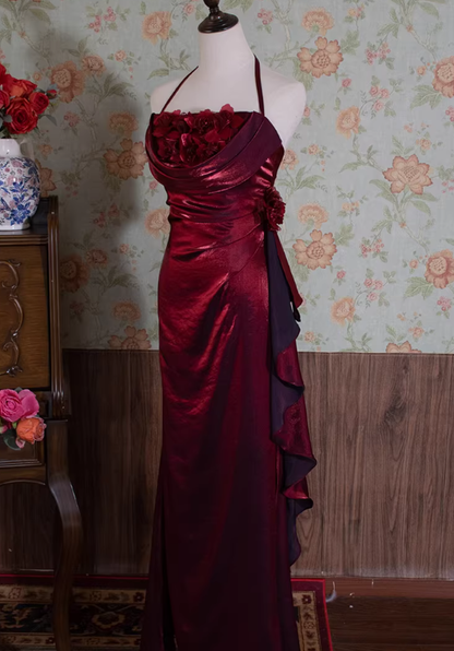 Pretty Burgundy Mermaid Halter Floral Satin Long Prom Dress Outfits DP4699