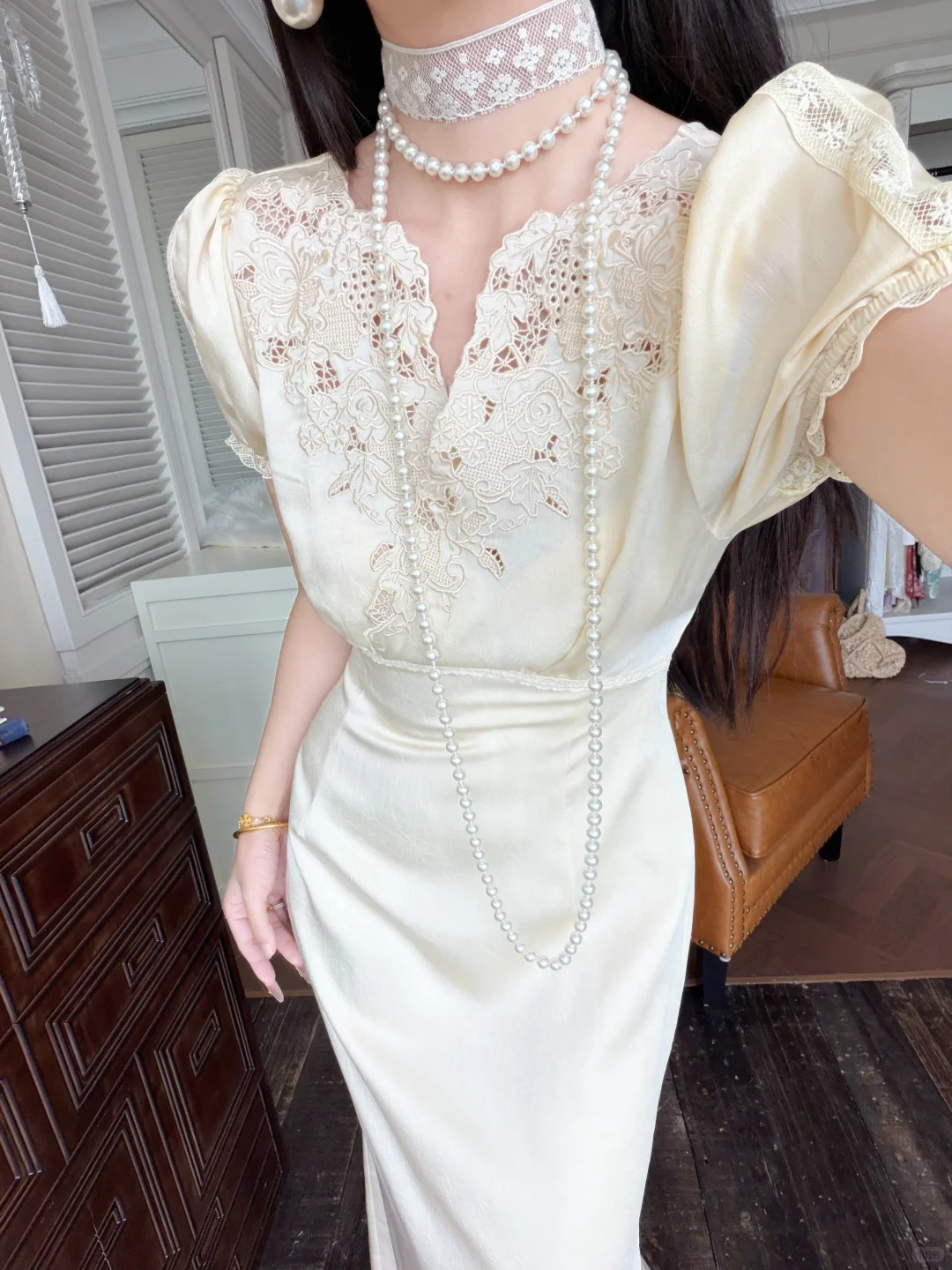 Vintage Pretty A Line Puff Sleeve Lace Satin Long Prom Dress Evening Dress DP6464