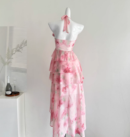 Pink A Line Halter Print Floral Layered Chiffon Vacation Dress Prom Dress Outfits DP3555
