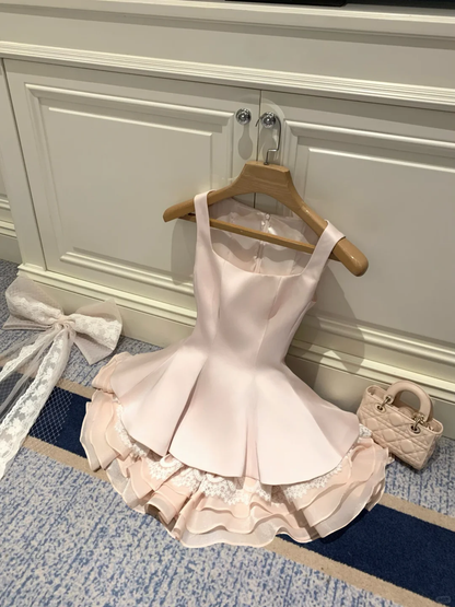 Light Pink A Line Straps Satin Short Prom Dress Homecoming Dress DP5454