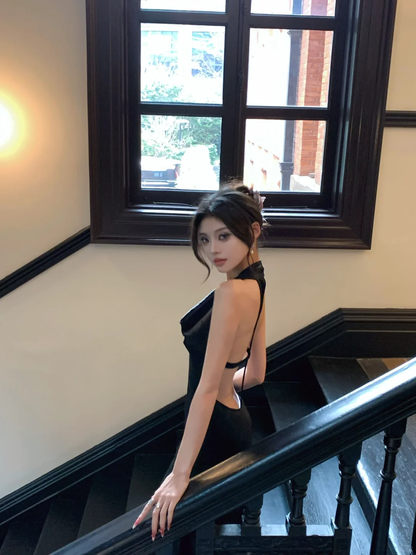 Sexy A Line Halter Black Chiffon Satin Open Back Prom Dress Party Dress DP4554