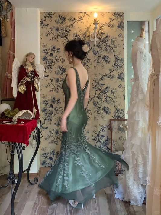 Vintage Mermaid V Neck Beaded Dark Green Chiffon Satin Prom Dress Party Dress DP3705