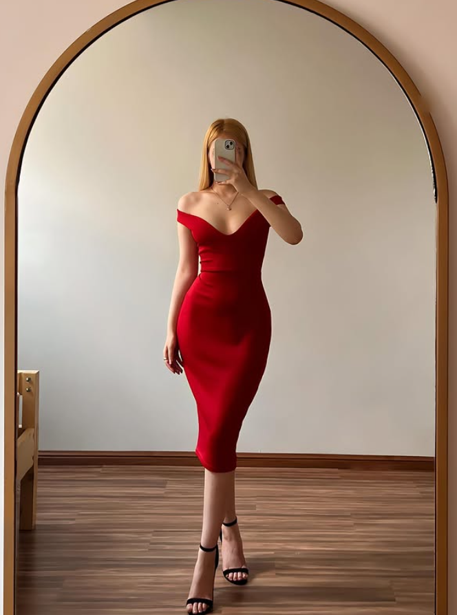 Elegant Sheath V Neck Red Satin Prom Dress Evening Dress DP6495