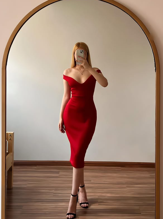 Elegant Sheath V Neck Red Satin Prom Dress Evening Dress DP6495