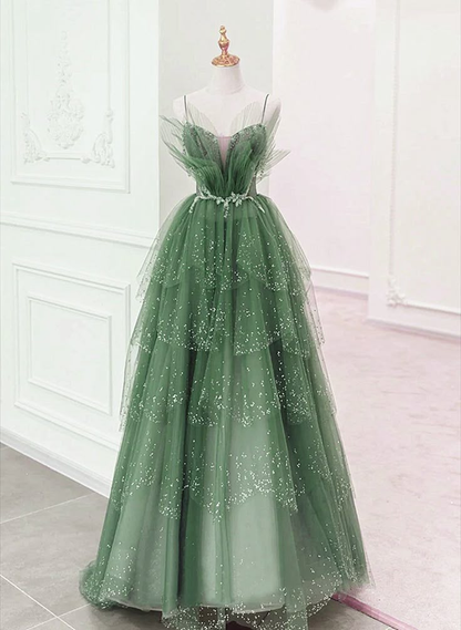 Shiny Green Layers Tulle Straps Beaded Long Party Dress Formal Prom Evening Dress DP702