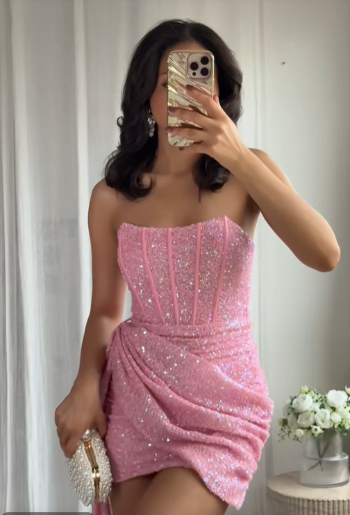 Gorgeous Light Pink Sequins Short Bodycon Dress Homecoming Dress DP562