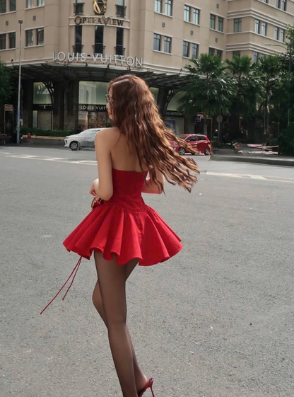 Cute A Line Halter V Neck Red Satin Short Open Back Homecoming Dress Outfits DP1560