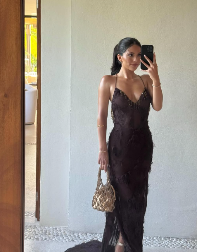 Sexy Brown Bead Sheath Chiffon Long Date Dress Party Dress Evening Dress DP3085