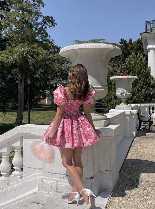 Pink A Line Puff Print Floral Satin Short Cute Homecoming Dress DP4442