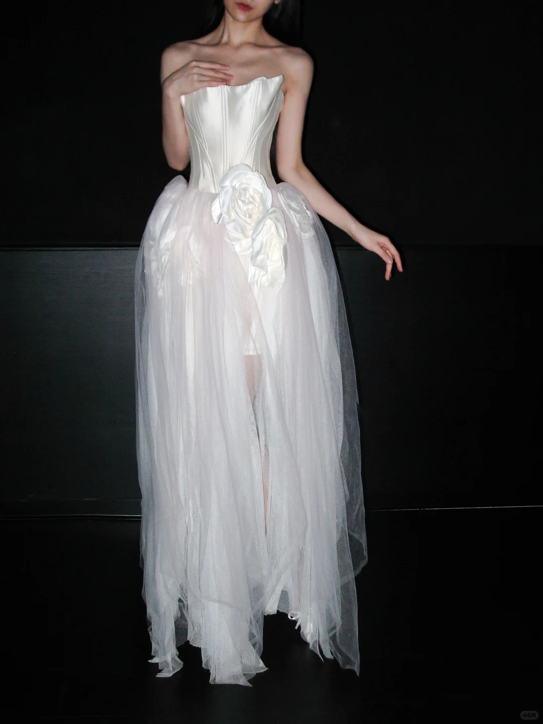 Unique A Line Strapless 3D Floral White Satin Tulle Long Wedding Dress DP5796