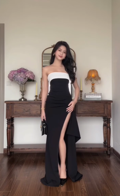 Classic Sheath Strapless White Black Satin Prom Dress with Slit DP4364