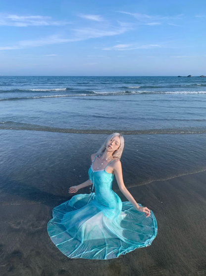Blue Mermaid Spaghetti Straps Chiffon Long Vacation Dress Outfits DP3847