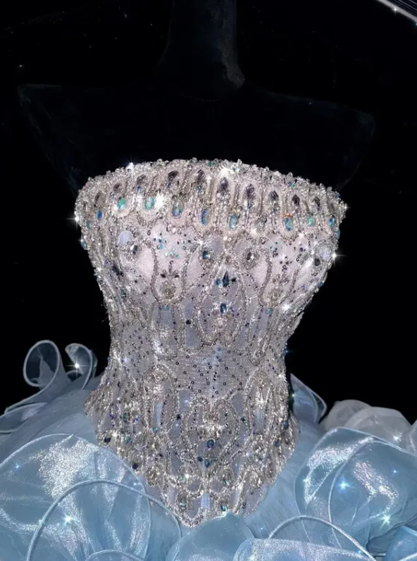 Exquisite Rhinestone Ball Gown Strapless Ruffle Blue Organza Prom Dress Quinceanera Dress DP6604