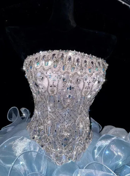 Exquisite Rhinestone Ball Gown Strapless Ruffle Blue Organza Prom Dress Quinceanera Dress DP6604