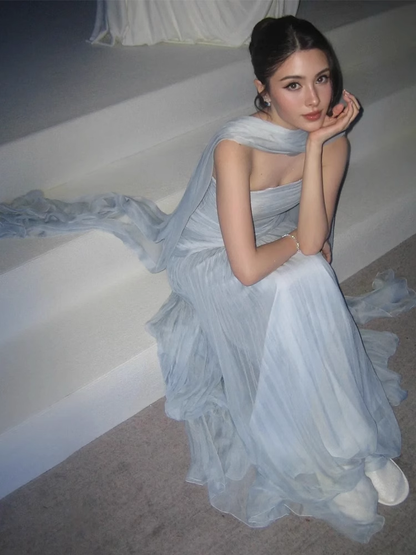 Flowy A Line Strapless Blue Chiffon Long Prom Dress Party Dress DP2750