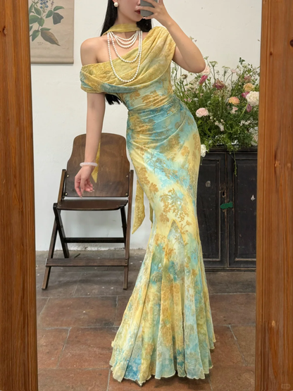 Unique Blue-green Ombre Mermaid Print Floral Chiffon Prom Dress Evening Dress DP6456