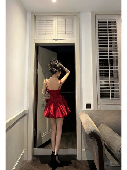 Sexy Red Bow A Line Spaghetti Strap Satin Short Homecoming Dress Outfits DP6396