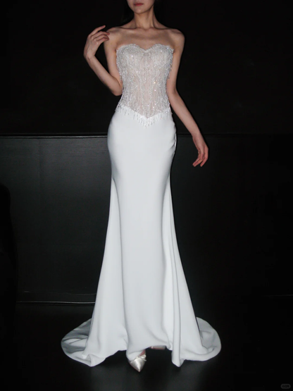 Shiny Mermaid Sweetheart Neck Beaded White Lace Satin Long Wedding Dress DP5210