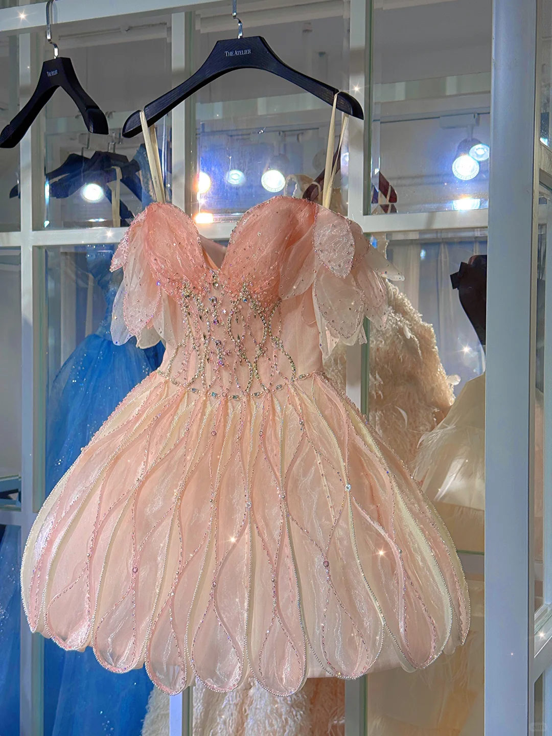 Gentle A Line Off the Shoulder Rhinestone Pink Tulle Homecoming Dress Cocktail Dress DP2679