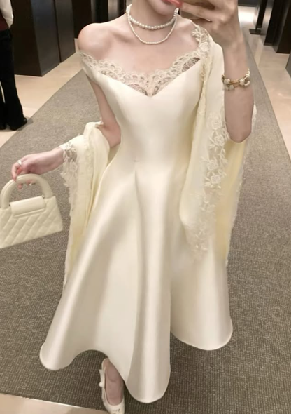 Light Champagne A Line V Neck Lace Satin Prom Dress Evening Dress DP7939