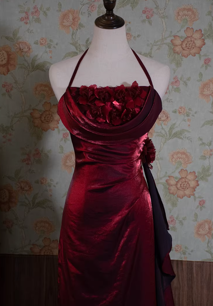 Pretty Burgundy Mermaid Halter Floral Satin Long Prom Dress Outfits DP4699