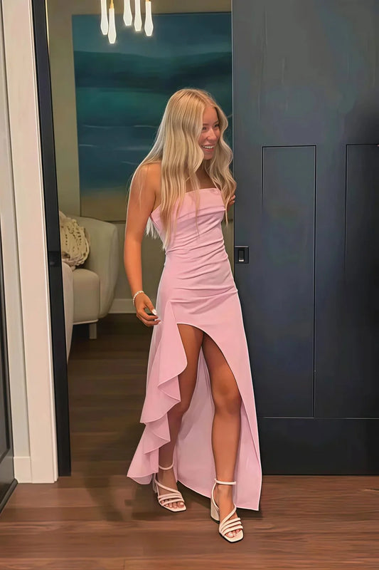 Simple Sheath Strapless Pink Long Prom Dress with Split Front DP7242