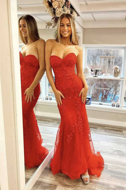 Mermaid Sweetheart Neck Red Tulle Lace Long Prom Dresses Evening Dresses DP1103