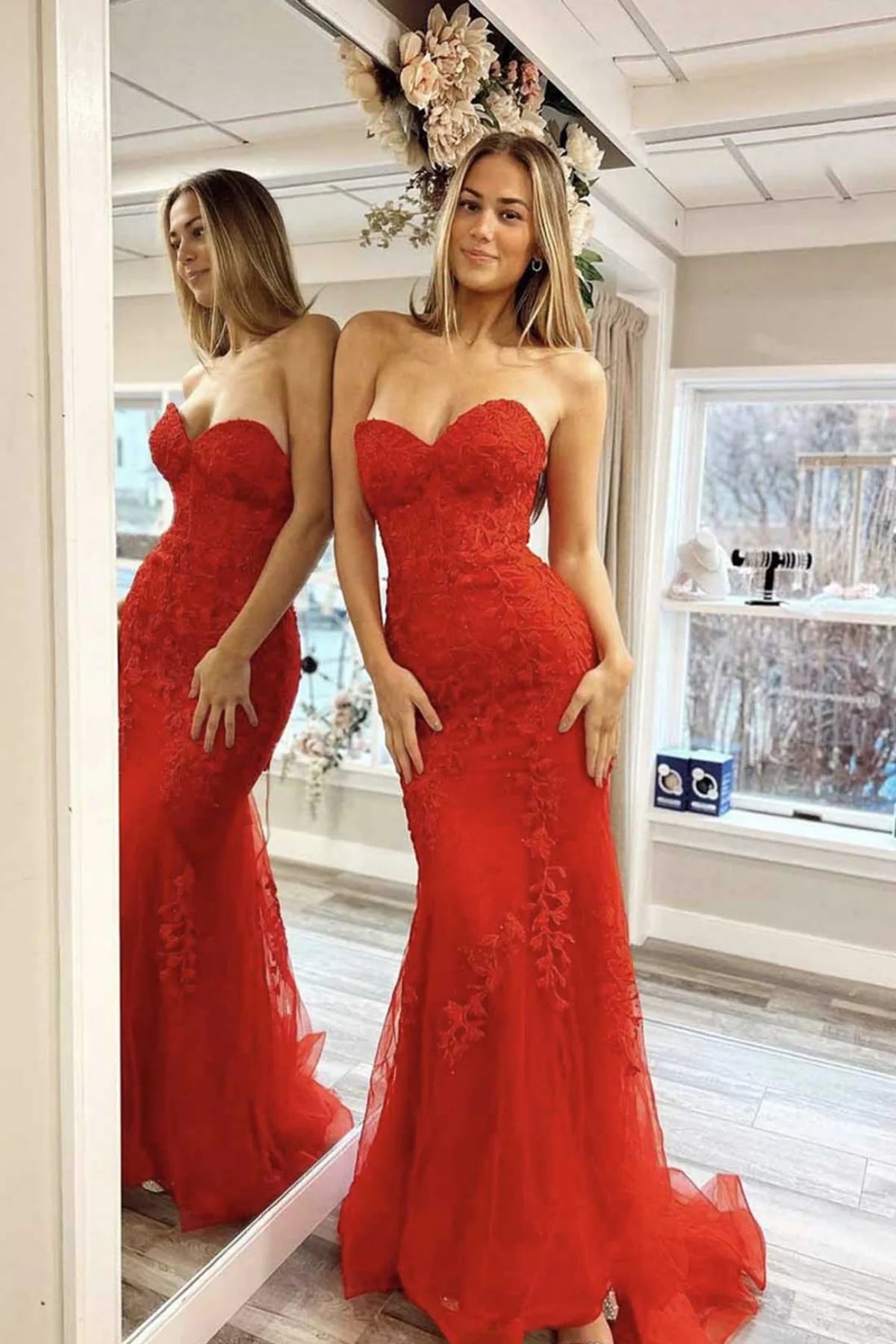 Mermaid Sweetheart Neck Red Tulle Lace Long Prom Dresses Evening Dresses DP1103