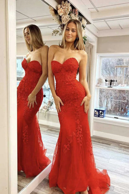 Mermaid Sweetheart Neck Red Tulle Lace Long Prom Dresses Evening Dresses DP1103