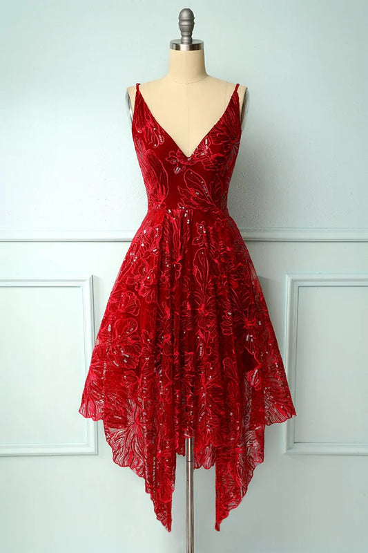 Burgundy V Neck High Low Sequins Lace Prom Dress Evening Dress DP1314