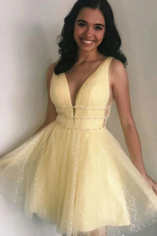 Yellow Romantic A-line Deep V Neck Homecoming Dress DP7225
