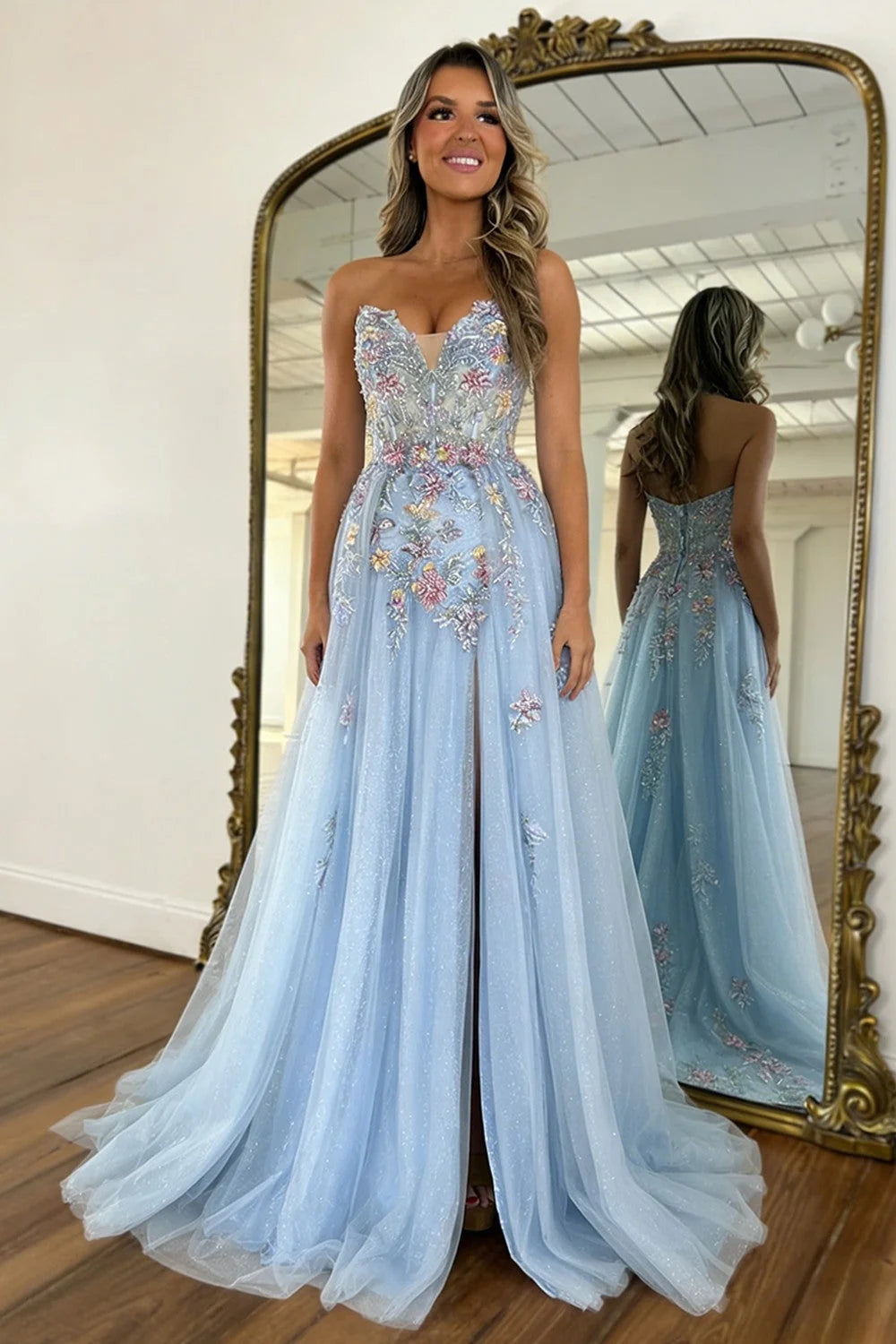 Romantic A Line Sweetheart Light Blue Tulle Prom Dress with Flowing Train DP7449